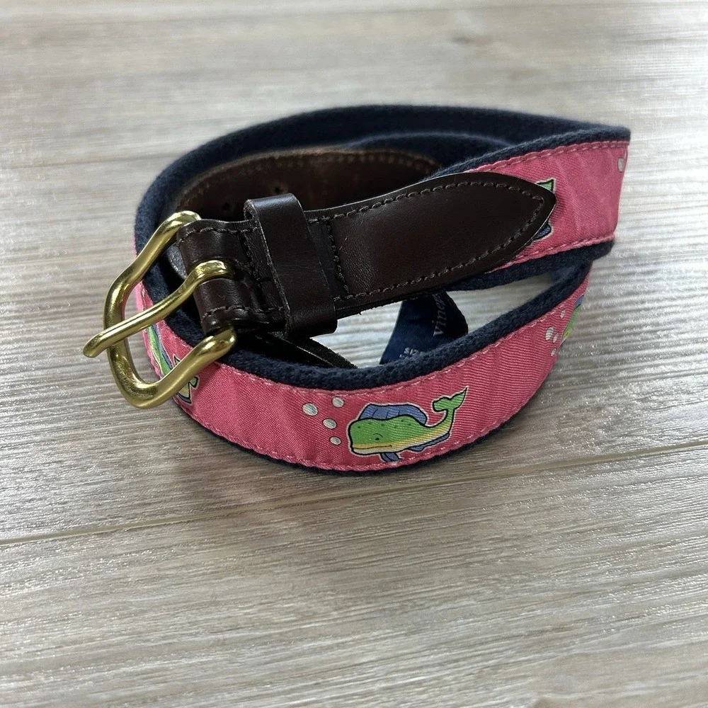 Vineyard Vines Whale Belt Men's Size 28 Pink/ Navy Blue Solid Brass Buckle